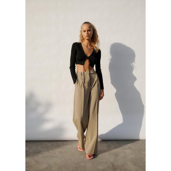 Zara Wide Leg Pants with Darts Trouser Pants Women's Size Medium in Khaki - Picture 1 of 16